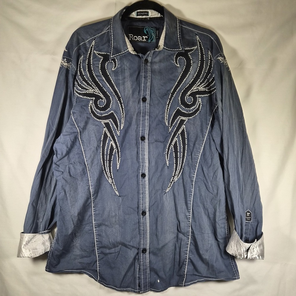 Roar Signature Mens XL Button Up Shirt Blue Embroidered Cross Wings Y2K...
